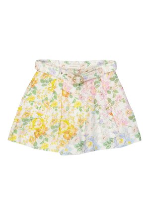 Shorts plissés taille haute avec ceinture, avec un motif floral pastel en jaune, rose, vert et bleu sur fond blanc.