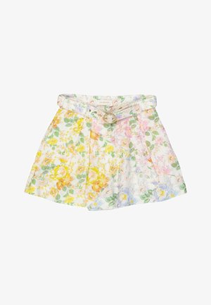 Shorts plissés taille haute avec ceinture, avec un motif floral pastel en jaune, rose, vert et bleu sur fond blanc.