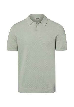 Hellgraues Poloshirt mit kurzen Ärmeln aus strukturiertem Strickstoff, drei Knöpfen und einem umgeschlagenen Kragen.