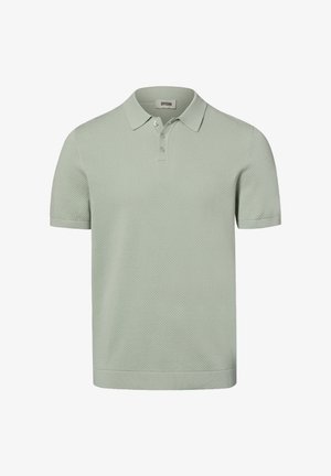 Hellgraues Poloshirt mit kurzen Ärmeln aus strukturiertem Strickstoff, drei Knöpfen und einem umgeschlagenen Kragen.