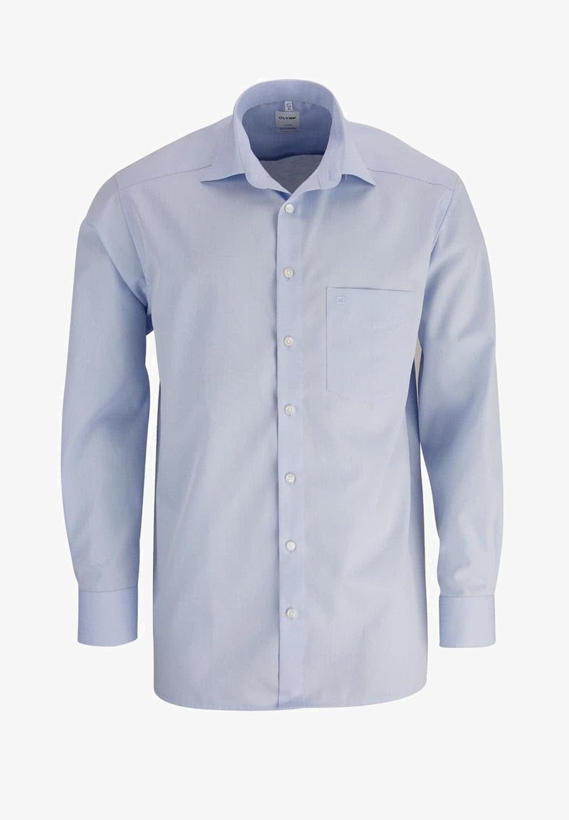 Helles blaues Hemd mit Knopfleiste, langärmlig, aus einer Baumwollmischung, mit einer einzelnen Brusttasche, klassischem Kragen und vorderem Knopfverschluss, dezente Textur.