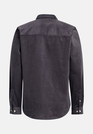 Chemise à manches longues en velours côtelé gris foncé avec un col classique, une texture côtelée, des poignets boutonnés et un ourlet arrondi sans logos visibles.