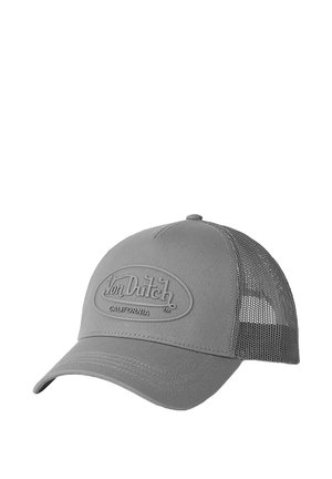 Gray Von Dutch baseball cap with mesh back and embossed logo patch reading "Von Dutch California" on front panel.