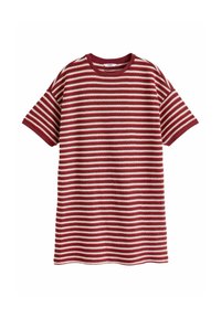 Gestricktes T-Shirt in rot-weißen Streifen, mit Rundhalsausschnitt und kurzen Ärmeln. Besitzt einen strukturierten Stoff für mehr Tiefe.