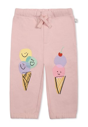 Pantaloni sudore rosa con cordoncino, dotati di grafiche a cono gelato con faccine sorridenti in colori pastello. Tessuto morbido e polsini elasticizzati.