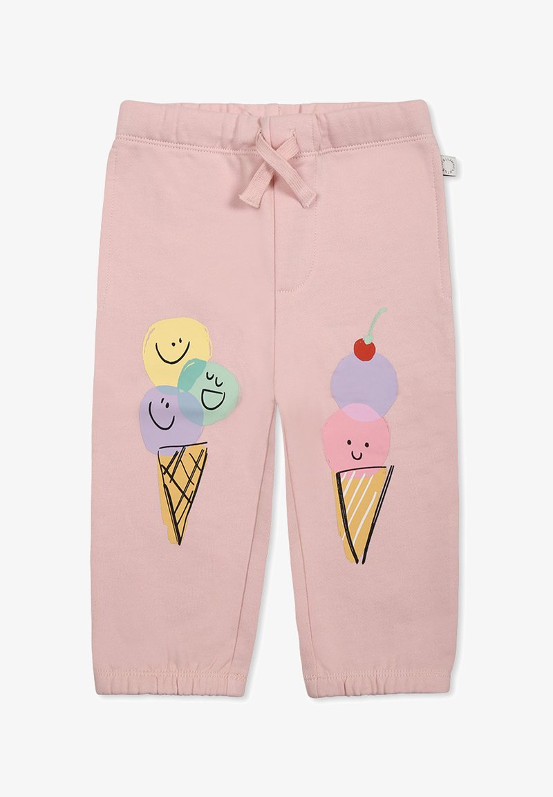 Pantaloni sudore rosa con cordoncino, dotati di grafiche a cono gelato con faccine sorridenti in colori pastello. Tessuto morbido e polsini elasticizzati.