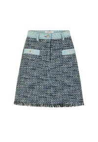Tweed rok met een blauw-wit patroon, denim taille en zakaccenten, een rafelige zoom en metalen knoopdetails.