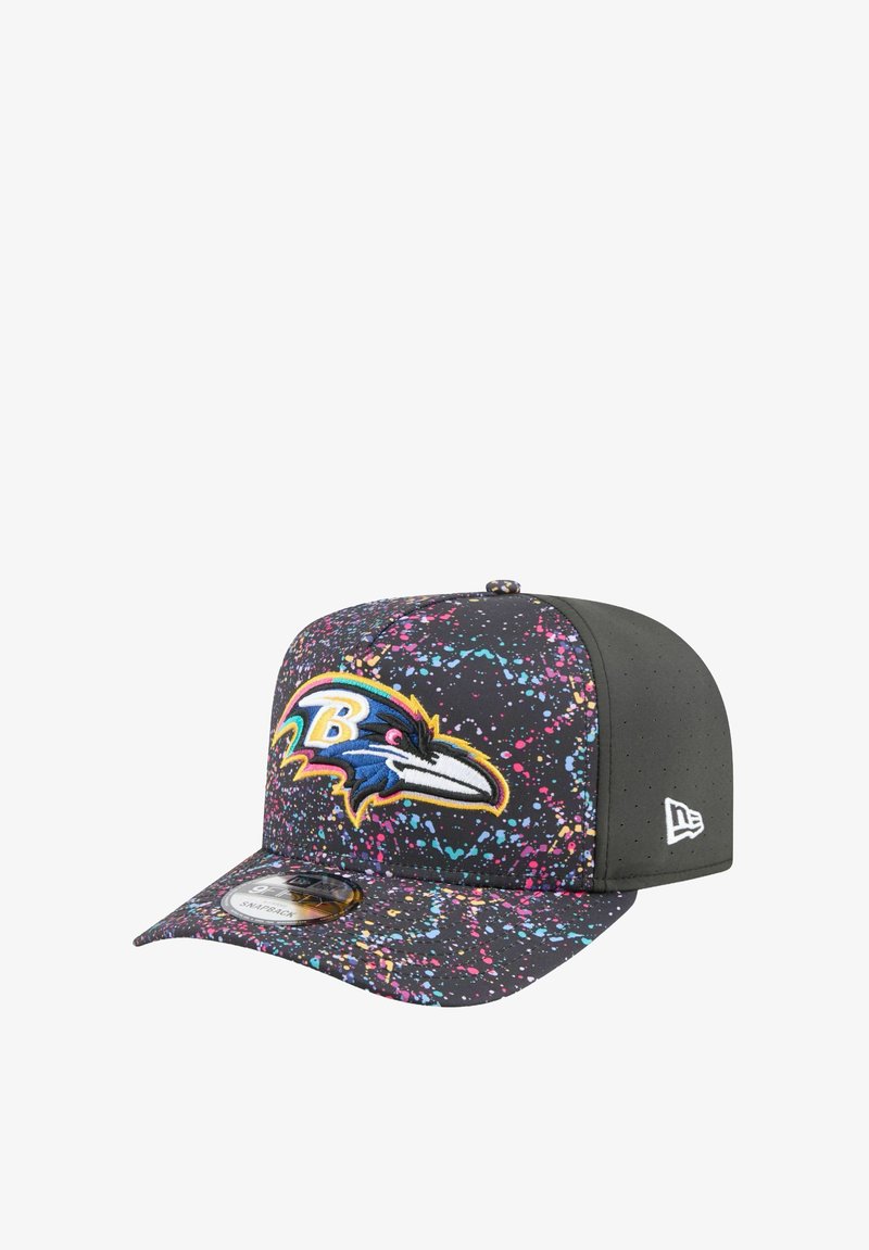 Cap featuring a black base with colorful splatter pattern, embroidered Baltimore Ravens logo in blue, yellow, and pink, snapback style, smooth texture.