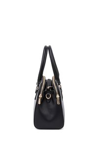 Black leather handbag with double top handles, zippered closure, and gold hardware accents. Structured shape with textured surface.