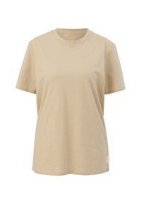 Beige katoen t-shirt met korte mouwen, ronde hals en een subtiele structuur. Beschikt over een klein merklabel aan de onderkant.