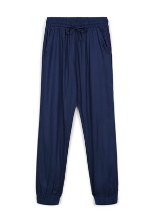 Granatowe, lekkie spodnie z elastycznym pasem, sznurkiem do regulacji i elastycznymi mankietami. Posiadają dwie boczne kieszenie. Gładka tekstura.