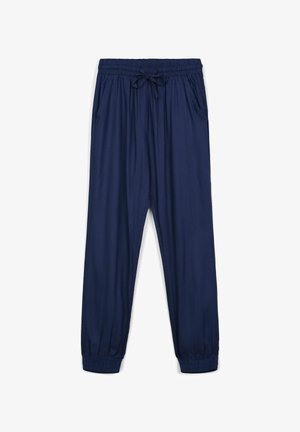Pantaloni leggeri blu navy con vita elastica, cordino e polsini elasticizzati. Presentano due tasche laterali. Tessuto liscio.