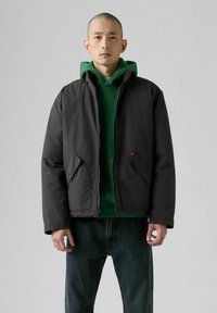 Mand iført en mørkegrå hættetrøje med lynlås over en grøn hoodie og mørke jeans, står foran en ensfarvet lys grå baggrund.