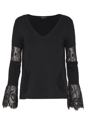 Czarna bluzka z długim rękawem i dekoltem w serek, przezroczyste wstawki z kwiatowej koronki na rękawach oraz rozszerzane koronkowe mankiety, subtelne haftowane detale po bokach.
