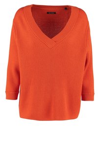 V-Ausschnitt, übergroßer Pullover in leuchtendem Orange, gerippte Textur, Dreiviertelärmel und entspannter Schnitt. Tag zeigt "Marc O'Polo."
