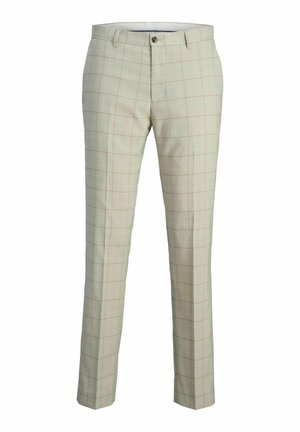 Pantaloni a quadri beige realizzati in tessuto leggero. Vestibilità tailored con frontale piatto, tasche laterali e chiusura con un singolo bottone.