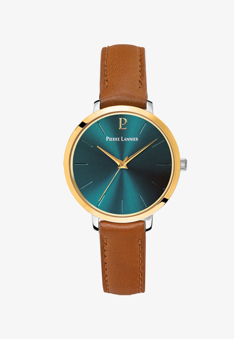 Rund analog ur med en guldfarvet rustfri stålkant, teal sunburst urskive, brun læderrem og guld visere. Logo ved kl. 12.