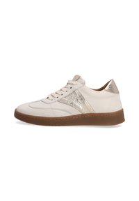 Leder-Sneaker in hellbeige mit metallischen goldenen Akzenten, Schnürdesign und strukturiertem Gummisohle. Abgerundete Zehenpartie und niedrig geschnitten.