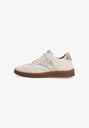 Leder-Sneaker in hellbeige mit metallischen goldenen Akzenten, Schnürdesign und strukturiertem Gummisohle. Abgerundete Zehenpartie und niedrig geschnitten.