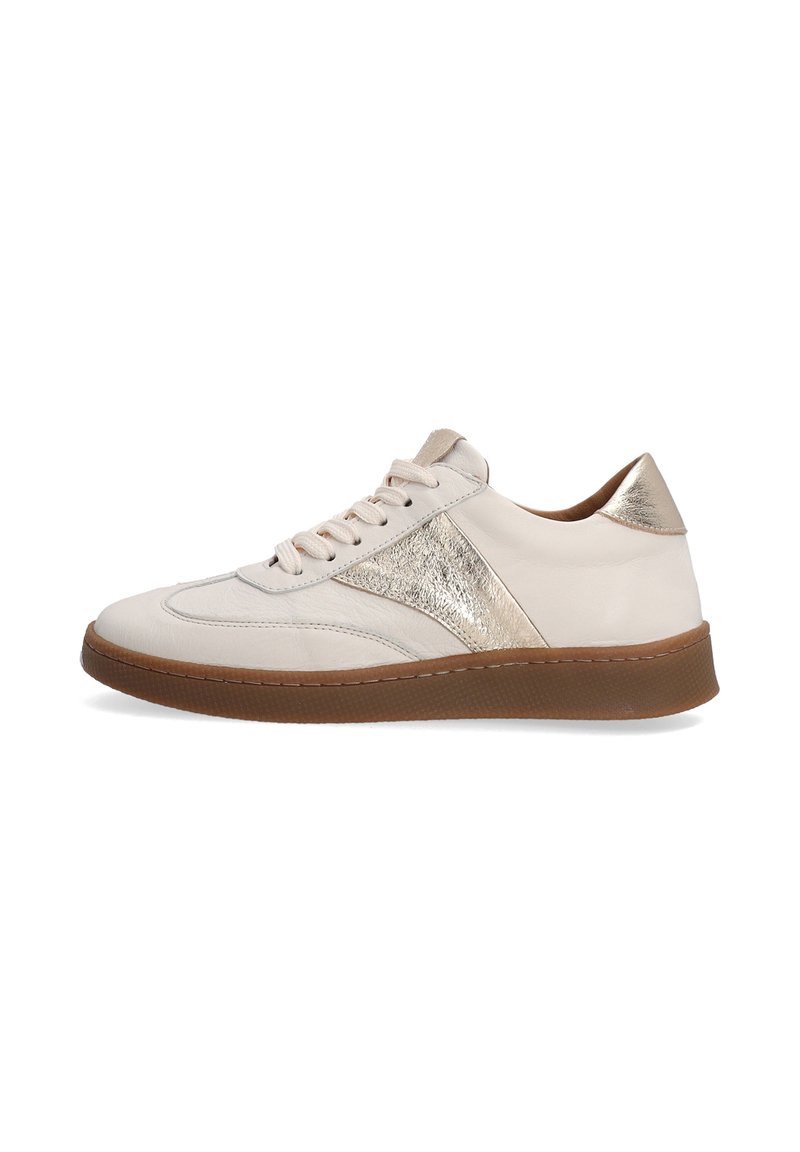 Leder-Sneaker in hellbeige mit metallischen goldenen Akzenten, Schnürdesign und strukturiertem Gummisohle. Abgerundete Zehenpartie und niedrig geschnitten.