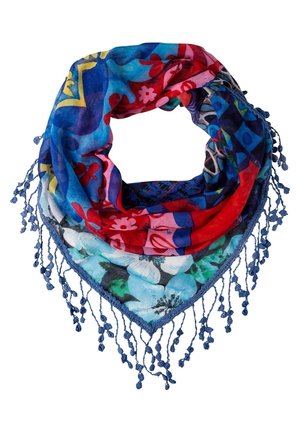 Vierkante sjaal met levendige bloem- en geometrische patronen in blauw, rood, groen en geel, afgewerkt met blauwe geknoopte franjes.