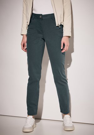 Slim-fit, donkergroene katoenen broek met een gladde textuur, met een knoopsluiting aan de voorkant en een klassieke vijf-pocketontwerp.