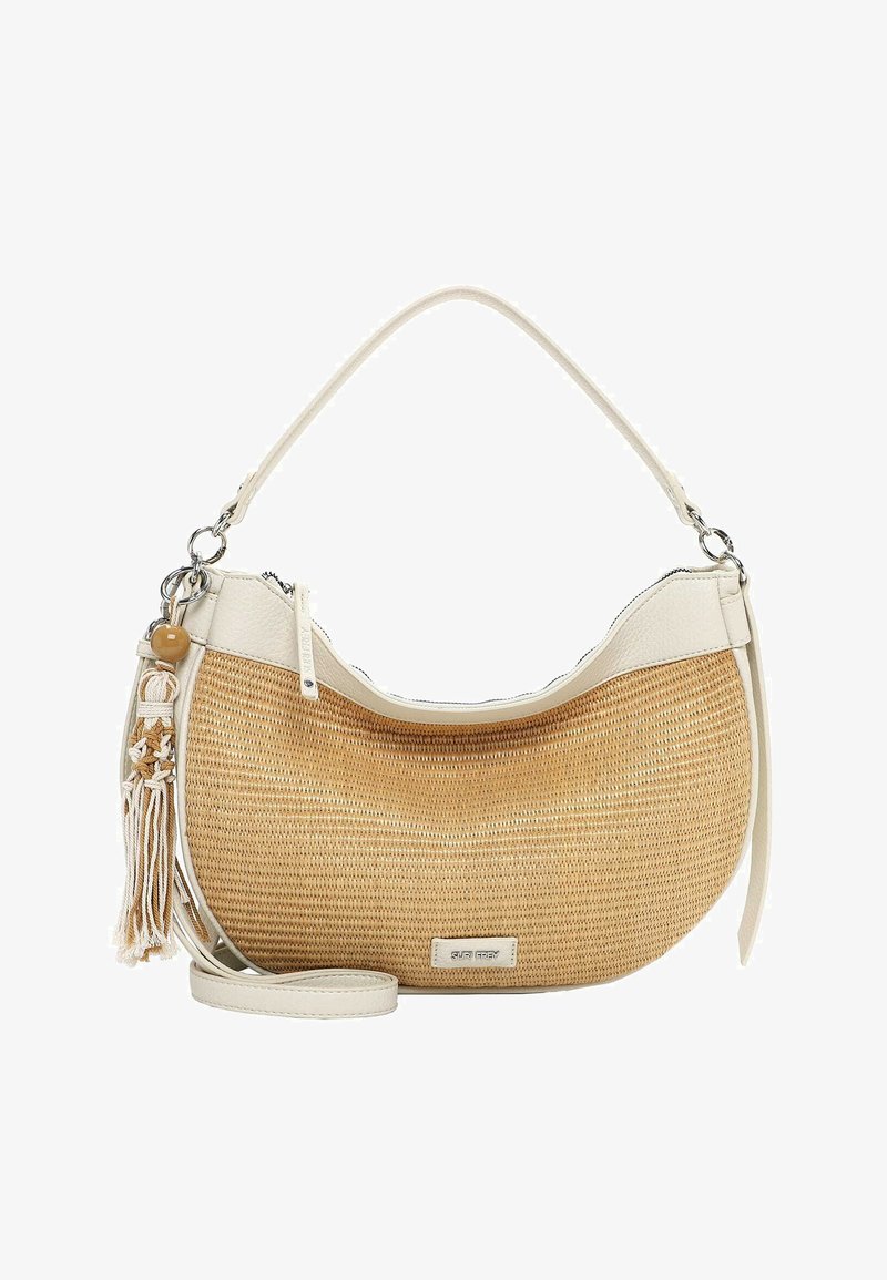 Bolso de mano de paja tejido con forma de media luna, con ribete de cuero blanco, cremallera plateada, adorno de borla, etiqueta de la marca y correa de hombro desmontable.