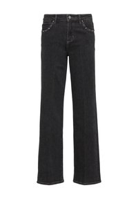 Jeans in denim nero a gamba larga con vita media, dotati di chiusura con bottone metallico e dettagli borchiati su tasche anteriori.