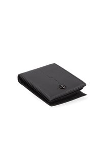 Black leather wallet with a textured finish, bi-fold design, and metal snap closure. Features minimalist branding on the front.
