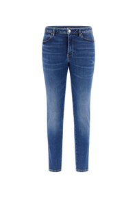 Blugi skinny din denim albastru, având un design clasic cu cinci buzunare, închidere cu nasture metalic și ușor decolorat pentru textură.