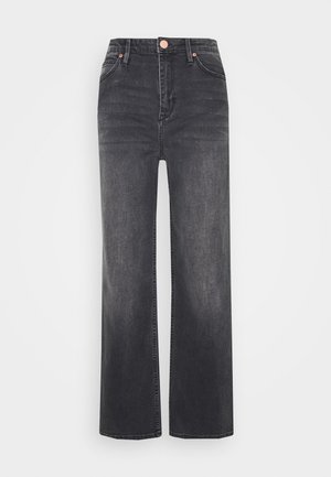 Black high-waist straight-leg jeans with front pockets, belt loops, and copper button closure against a white background.