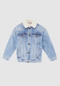 Light blue denim jacket with a cream faux shearling collar, front button closure, two chest pockets, and side pockets.
