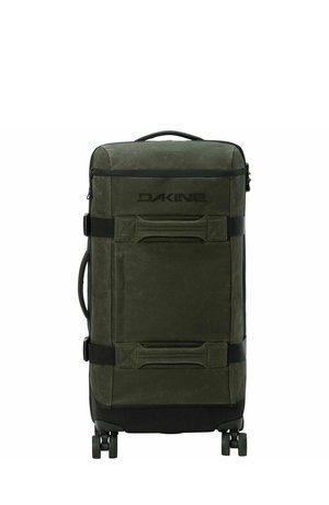 Dark green rectangular wheeled suitcase with black accents, carrying handles on front and side, Dakine brand logo on top front panel.