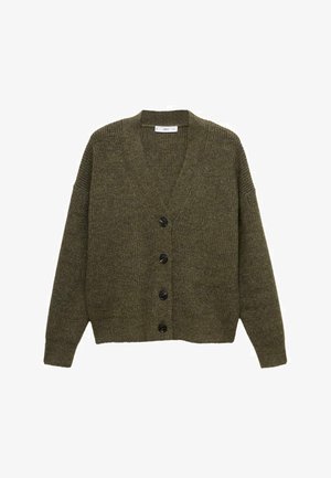 Olivno zeleni pleteni kardigan z V-izrezom, dolgimi rokavi in šestimi črnimi gumbi spredaj. Teksturovan, sproščen kroj.