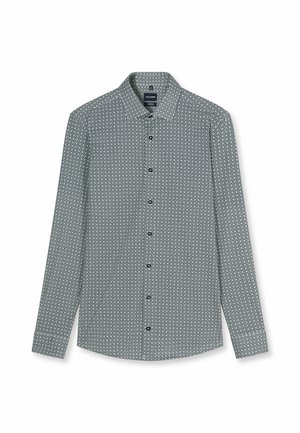 Camicia da uomo a maniche lunghe con bottoni, con piccolo motivo geometrico bianco e nero e collo classico.