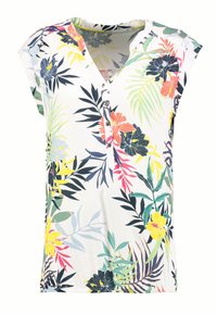 Blusa corta de manga corta, blanca con estampados tropicales multicolores. Cuenta con un escote en V y tres botones en la parte delantera. Tejido suave y ligero.