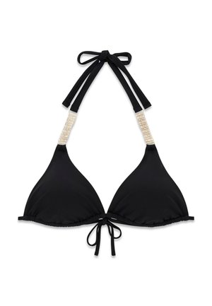 Schwarzes Triangel-Bikinioberteil mit Strass-Trägern, Neckholder zum Binden und vorderem Verschluss vor weißem Hintergrund.