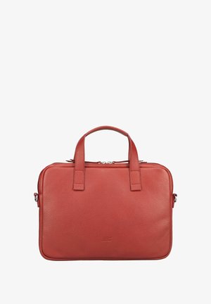 Rode leren laptoptas met een gestructureerde afwerking, dubbele bovenhandvatten en een ritssluiting. Heeft een eenvoudig rechthoekig ontwerp met logodetail.