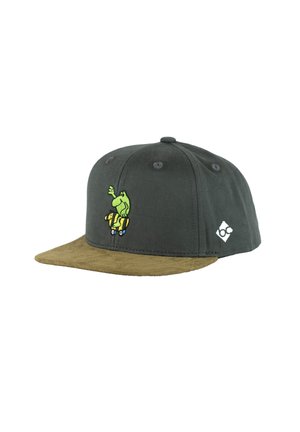 Dunkelgraue Kappe mit braunem Wildleder-Schirm, vorne mit einem grünen Frosch auf einem gelben Skateboard bestickt und einem kleinen weißen Logo an der Seite.