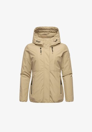 Beige vattentät jacka med huva, dragkedjestängning, två sidofickor och justerbara dragsnören, med en mjuk textur och minimalistisk design.