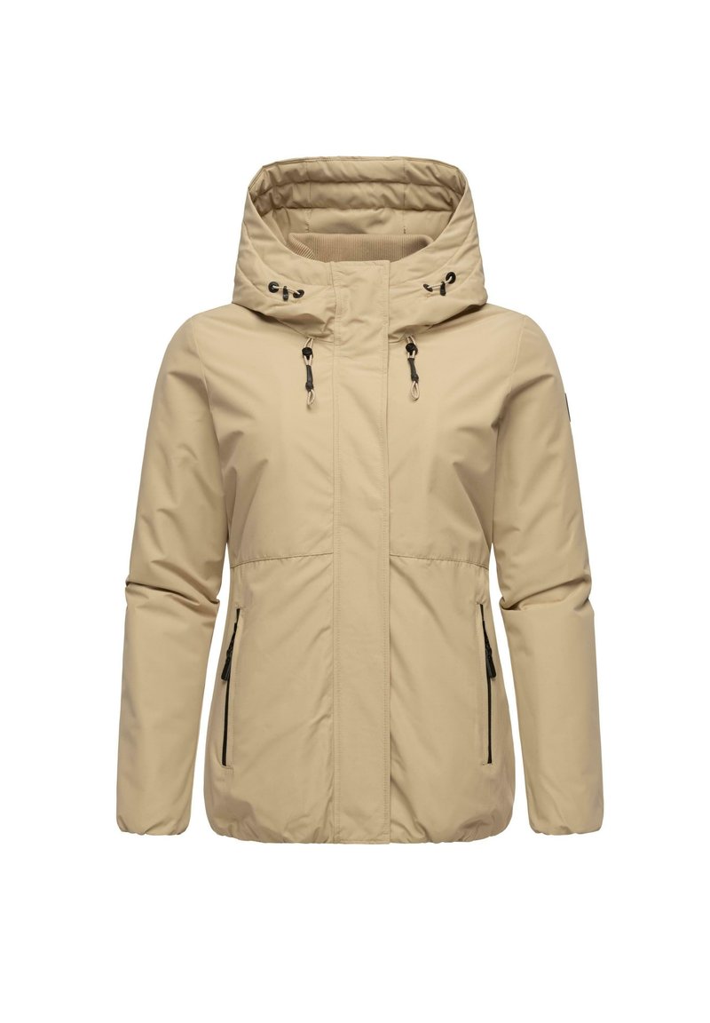 Beige vattentät jacka med huva, dragkedjestängning, två sidofickor och justerbara dragsnören, med en mjuk textur och minimalistisk design.