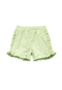 Lysgrønne bomuldsshorts med et tekstureret blomsterdesign, bølgede kanter og en elastisk talje for komfort.