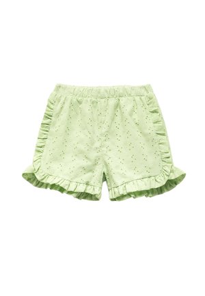 Pantalones cortos de algodón verde claro con un patrón floral texturizado, bordes con volantes y una cinturilla elástica para mayor comodidad.