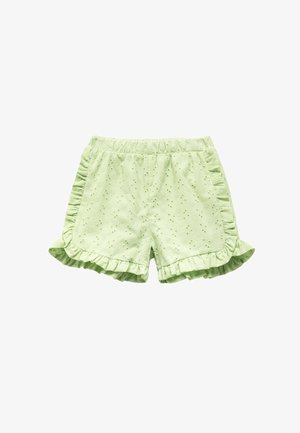 Lysgrønne bomuldsshorts med et tekstureret blomsterdesign, bølgede kanter og en elastisk talje for komfort.