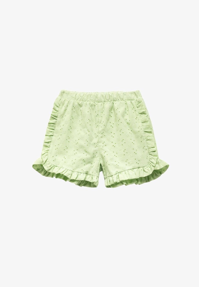 Lysgrønne bomuldsshorts med et tekstureret blomsterdesign, bølgede kanter og en elastisk talje for komfort.