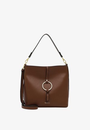 Sac à main en cuir marron avec texture granuleuse, détail anneau doré au centre, poignée courte et bandoulière longue amovible.