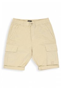 Beige cargo shorts with an elastic waistband, button closure, side pockets, and rolled cuffs. Includes patch pocket on left leg.