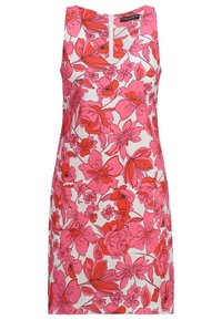 Květinové šaty s bílým pozadím, zdobené velkými růžovými a oranžovými květy. Bezramínkový design s detaily výstřihu ve tvaru klíče.