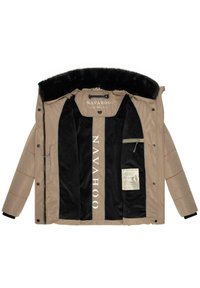 Beige puffer jacket with black faux fur collar, lined in black fabric. Features a logo, interior pockets, and matte finish.