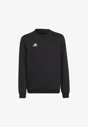 Czarna bluza Adidas z długim rękawem, okrągłym dekoltem i białym logo Adidas po lewej stronie klatki piersiowej.